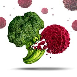Broccoletto che combatte, mangiando, una cellula tumorale: metafora di cibo sano per prevenire il cancro