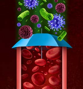 Ombrello che protegge l’organismo dall’attacco di cellule tumorali: metafora dell’immunoterapia oncologica che non agisce direttamente sulle cellule tumorali, ma attiva le dinamiche difensive del sistema immunitario